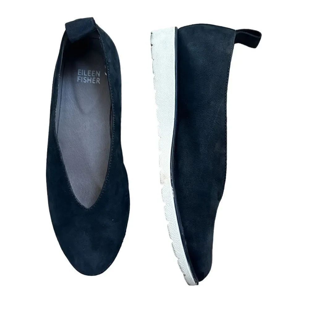 EILEEN FISHER Suede Leather Humor Wedge Ballet Flat Slip-On Navy-Blue Size 6.5